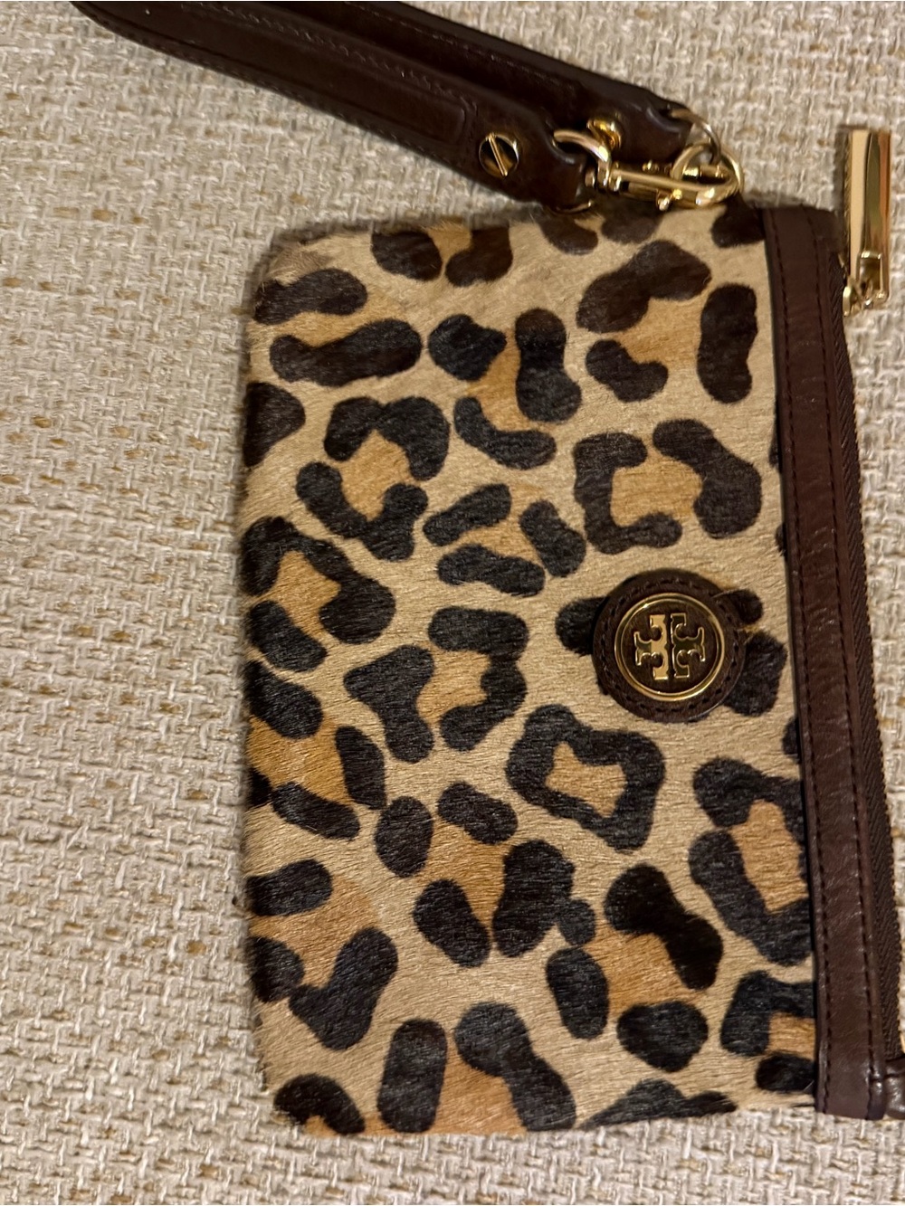 Tory Burch Leopard Print Haircalf Wristlet in Brown, Black and Tan